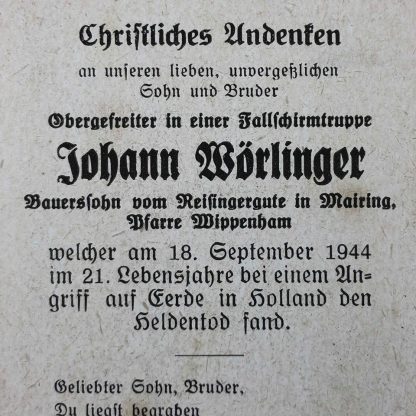Original WWII German Fallschimjager death card ‘Market Garden’ Holland
