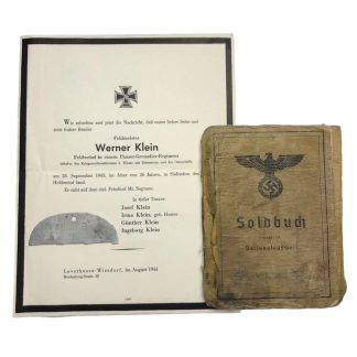 Original WWII German KIA bloodstained Soldbuch and Erkunngsmarke ‘Battle of Salerno – Italy’
