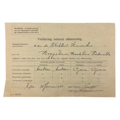 Originele WWII Nederlandse afstamming verklaring Epe 1945