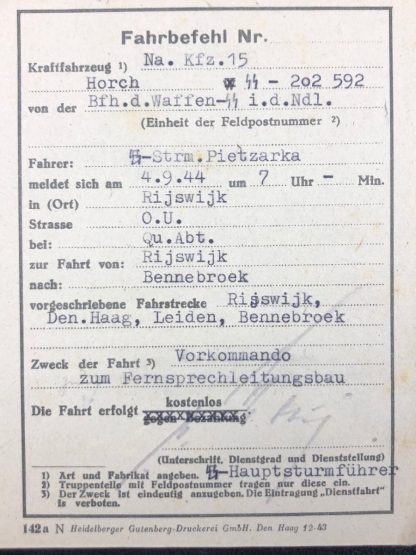 Original WWII German Waffen-SS 'Fahrbefehl' Rijswijk - Bennebroek