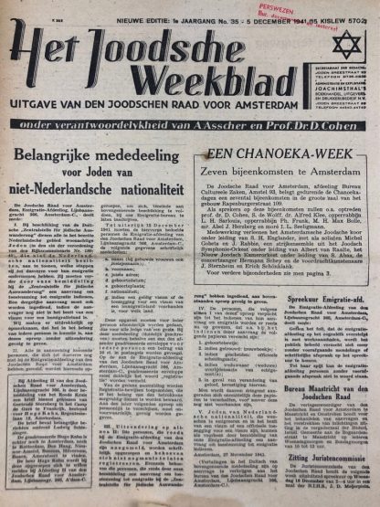 Original WWII Dutch Jewish newspaper ‘Het Joodsche Weekblad’ No. 35 – 5 December 1941 Origineel WWII Nederlands ‘Het Joodsche Weekblad’ No. 35 – 5 December 1941