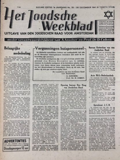 Original WWII Dutch Jewish newspaper ‘Het Joodsche Weekblad’ No. 38 – 26 December 1941 Origineel WWII Nederlands ‘Het Joodsche Weekblad’ No. 38 – 26 December 1941