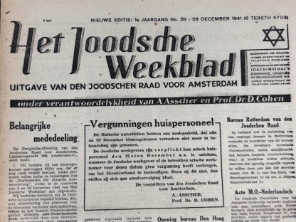Original WWII Dutch Jewish newspaper ‘Het Joodsche Weekblad’ No. 38 – 26 December 1941 Origineel WWII Nederlands ‘Het Joodsche Weekblad’ No. 38 – 26 December 1941