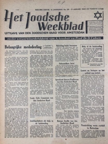 Original WWII Dutch Jewish newspaper ‘Het Joodsche Weekblad’ No. 39 – 2 January 1942
