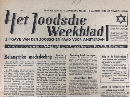 Original WWII Dutch Jewish newspaper ‘Het Joodsche Weekblad’ No. 39 – 2 January 1942