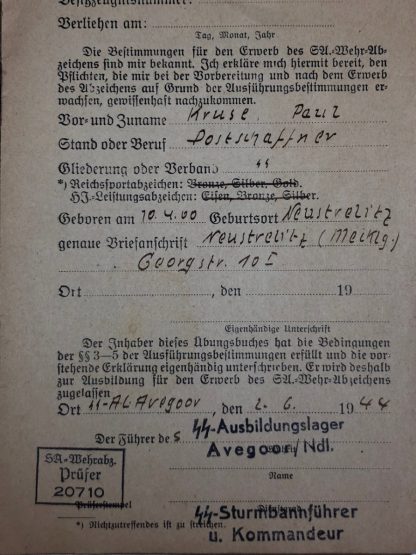 riginal WWII German SA-Wehrabzeichen Übungsbuch SS-Ausbildungslager Avegoor (Netherlands)