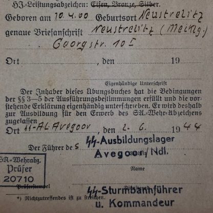 riginal WWII German SA-Wehrabzeichen Übungsbuch SS-Ausbildungslager Avegoor (Netherlands)