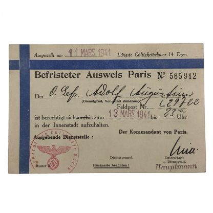 Original WWII German Ausweis Paris (France)