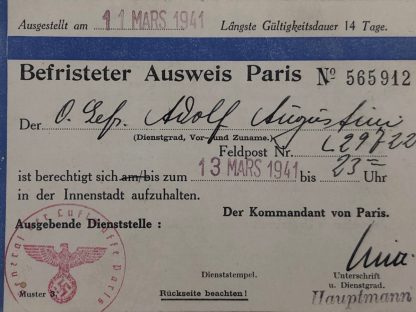 Original WWII German Ausweis Paris (France)