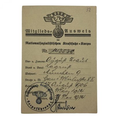 Original WWII German NSKK Mitglieds Ausweis