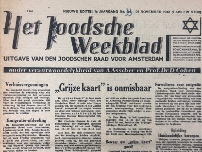 Original WWII Dutch Jewish newspaper ‘Het Joodsche Weekblad’ No. 34 – 21 November 1941 Origineel WWII Nederlands ‘Het Joodsche Weekblad’ No. 34 – 21 november 1941