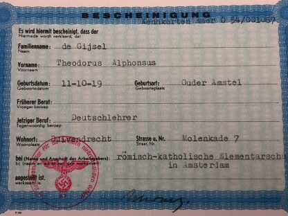 Original WWII German Bescheinigung Netherlands Originele WWII Duitse 'Bescheinigung' Nederland