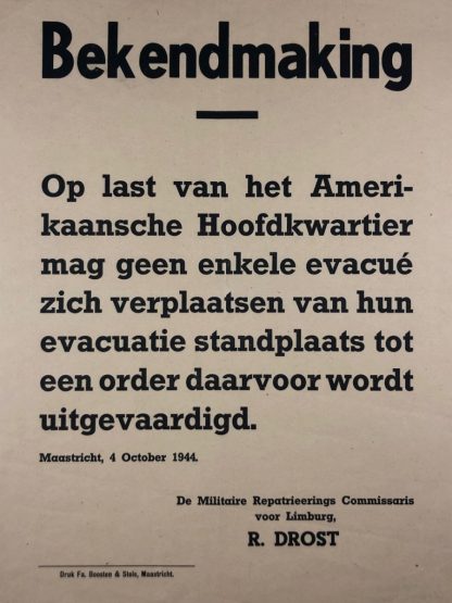 Original WWII Dutch announcement poster Maastricht 1945