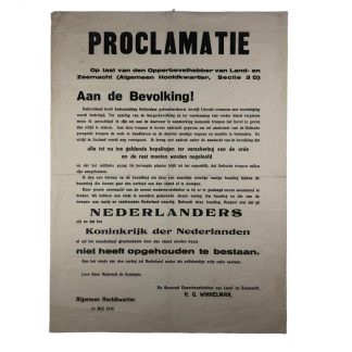 Original WWII Dutch Announcement poster - capitulation of the Netherlands 14 May 1940 Originele WWII Nederlandse capitulatie proclamatie poster– 14 Mei 1940