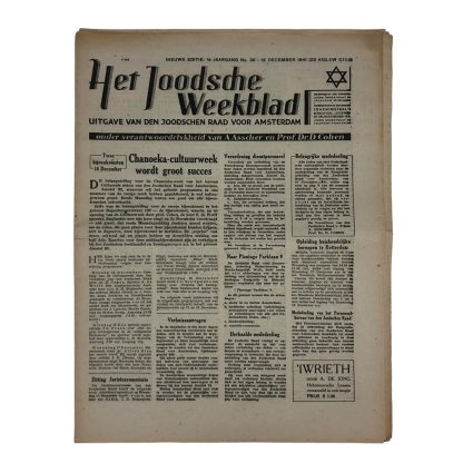 Original WWII Dutch Jewish newspaper ‘Het Joodsche Weekblad’ No. 36 – 12 December 1941 Origineel WWII Nederlands ‘Het Joodsche Weekblad’ No. 36 – 12 december 1941