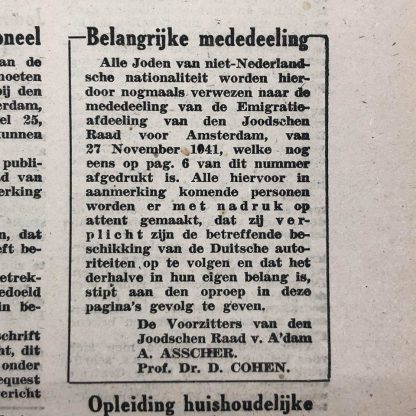 Original WWII Dutch Jewish newspaper ‘Het Joodsche Weekblad’ No. 36 – 12 December 1941 Origineel WWII Nederlands ‘Het Joodsche Weekblad’ No. 36 – 12 december 1941