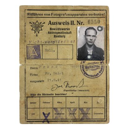 Original WWII German Ausweis belonged to a Dutchman in Hamburg