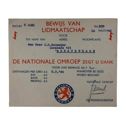 Original WWII Dutch NSB national broadcast membership card