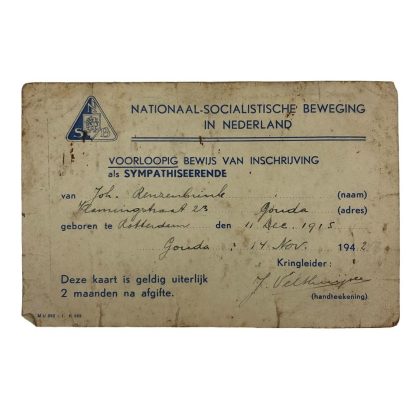 Original WWII Dutch NSB temporary card for NSB sympathizers