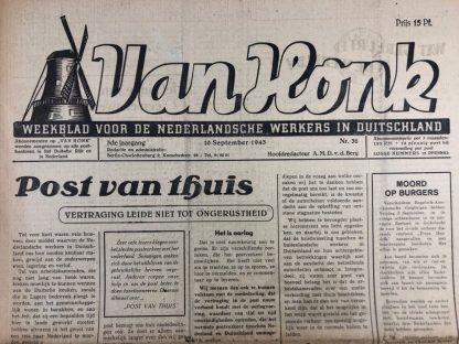 Original WWII Dutch newspaper ‘Van Honk’ Dutch workers in Germany – 10 September 1943