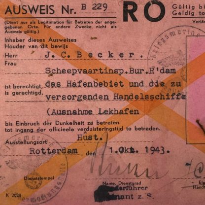 Original WWII German curfew Ausweis Rotterdam Originele WWII Duitse Spertijd Ausweis Rotterdam