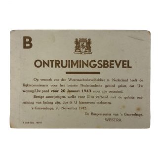 Original WWII Dutch evacuation order document Den Haag 1942 Origineel WWII Nederlands ontruimingsbevel document Den Haag