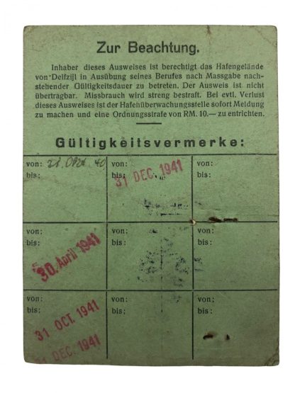 Original WWII German Hafenausweis Delfzijl (Netherlands) Originele WWII Duitse Hafenausweis Delfzijl