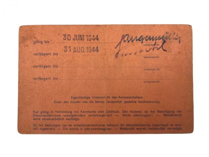 Original WWII German Ausweis ‘Festungbaudienststelle Amsterdam’ Terschelling Originele WWII Duitse Ausweis ‘Festungbaudienststelle Amsterdam’ Terschelling