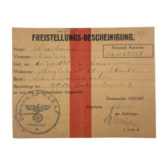 Original WWII German NSDAP Freistellung-Bescheinigung Amsterdam/Utrecht Originele WWII Duitse ‘Freistellungs-Bescheinigung’ Nederland Amsterdam/Utrecht