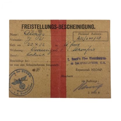 Original WWII German NSDAP Freistellung-Bescheinigung Amersfoort Originele WWII Duitse ‘Freistellungs-Bescheinigung’ Nederland Amersfoort