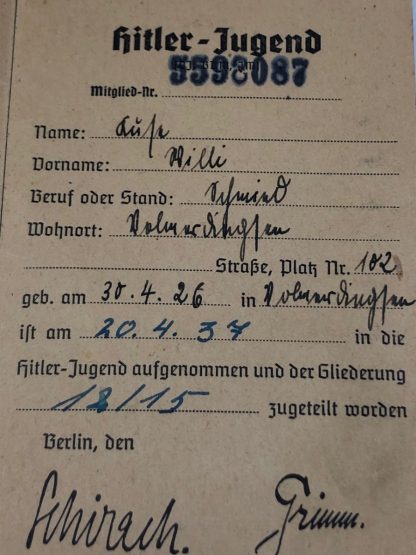 Original WWII German Hitlerjugend Mitglieds-Ausweis Origineel WWII Duits Hitlerjugend Mitglieds-Ausweis