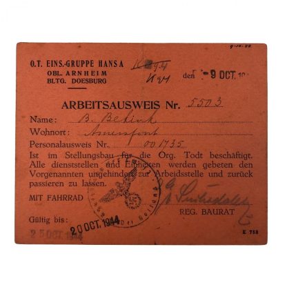 Original WWII German Ausweis Organisation Todt Arnheim & Doesburg