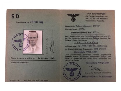 Original WWII German SD Dienstausweis belonged to a Dutchman in France