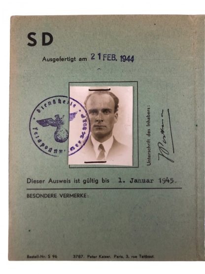Original WWII German SD Dienstausweis belonged to a Dutchman in France
