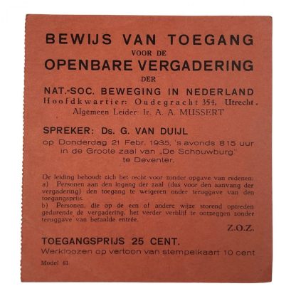 Original WWII Dutch NSB entrance ticket speech Anton Mussert in Deventer
