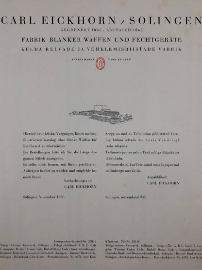Original 1930s Estonian Carl Eickhorn – Solingen saber advertising booklet