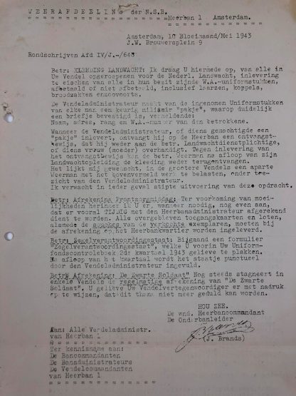 Original WWII Dutch NSB W.A. document about Landwacht uniforms Hilversum