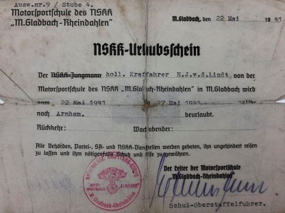 Original WWII Dutch NSKK volunteer ‘Urlaubsschein’ Arnhem 1941