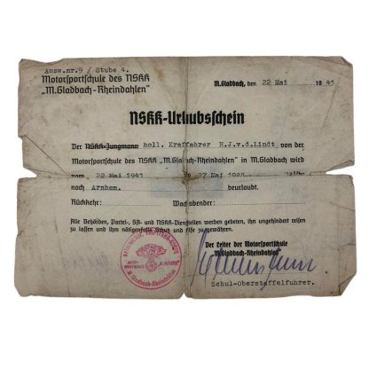 Original WWII Dutch NSKK volunteer ‘Urlaubsschein’ Arnhem 1941