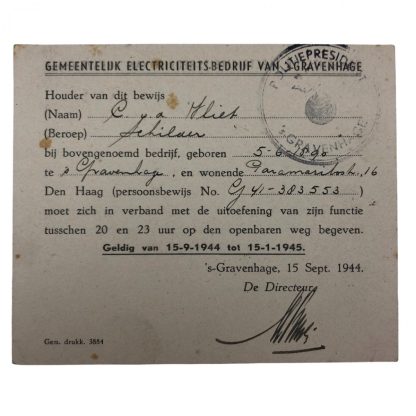 Original WWII German/Dutch Ausweis Electricity company Den Haag