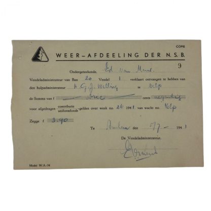 Original WWII Dutch NSB W.A. contribution uniform fund document Velp/Arnhem