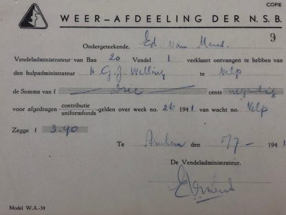 Original WWII Dutch NSB W.A. contribution uniform fund document Velp/Arnhem