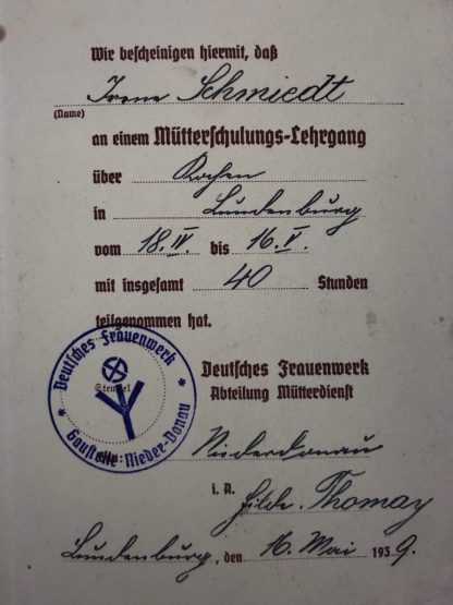 Original WWII German ‘Deutsches-Frauenwerk Abt. Mutterdienst’ certificate