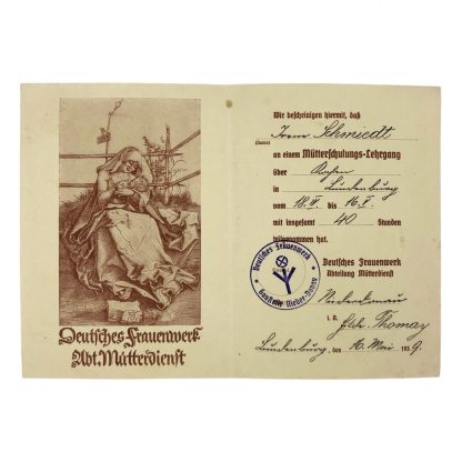 Original WWII German ‘Deutsches-Frauenwerk Abt. Mutterdienst’ certificate