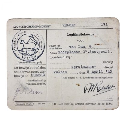 Original WWII Dutch ‘Luchtbeschermingsdienst’ ID card Velsen