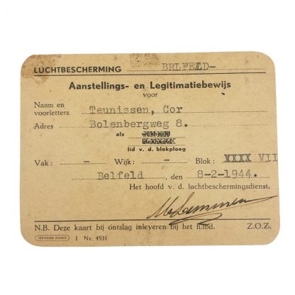 Original WWII Dutch ‘Luchtbeschermingsdienst’ ID card Belfeld