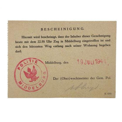 Original WWII German Bescheinigung Middelburg (Netherlands)