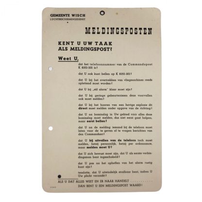 Original WWII Dutch ‘Luchtbeschermingsdienst’ Notification post card Wisch