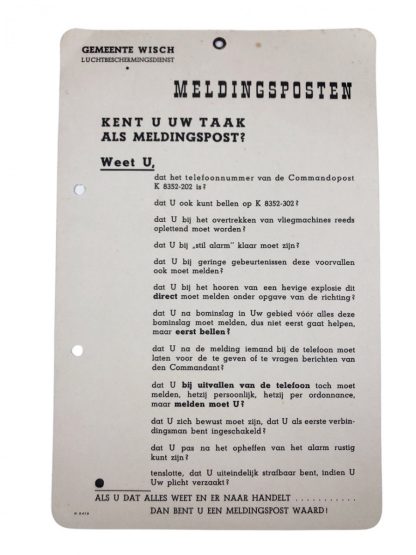 Original WWII Dutch ‘Luchtbeschermingsdienst’ Notification post card Wisch
