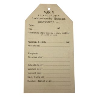 Original WWII Dutch ‘Luchtbescherming’ Groningen victim identification label